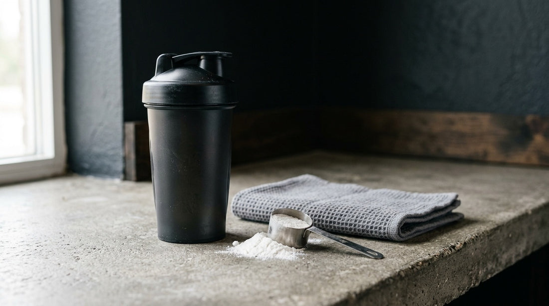 Shaker mit Kreatinpulver und Löffel in hellem Tageslicht