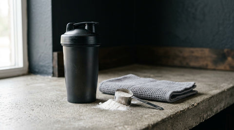 Shaker mit Kreatinpulver und Löffel in hellem Tageslicht