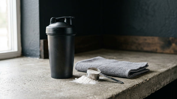 Shaker mit Kreatinpulver und Löffel in hellem Tageslicht