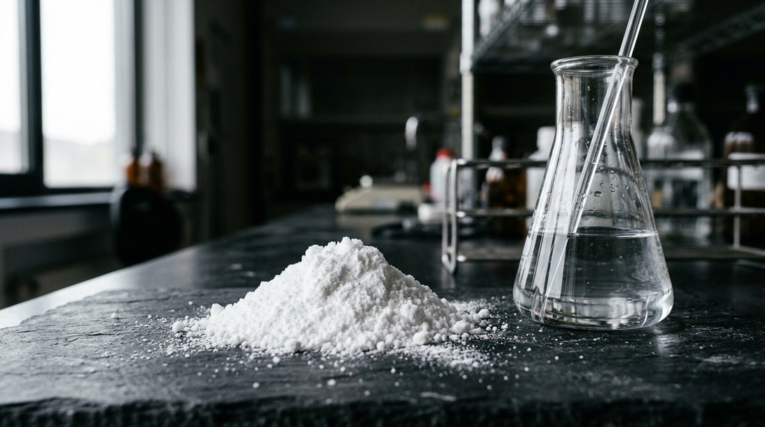 Kreatin-Pulver neben Laborglas mit Wasser