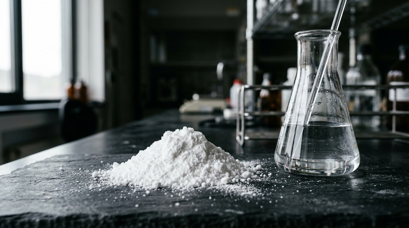 Kreatin-Pulver neben Laborglas mit Wasser