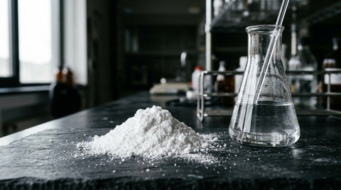 Kreatin-Pulver neben Laborglas mit Wasser