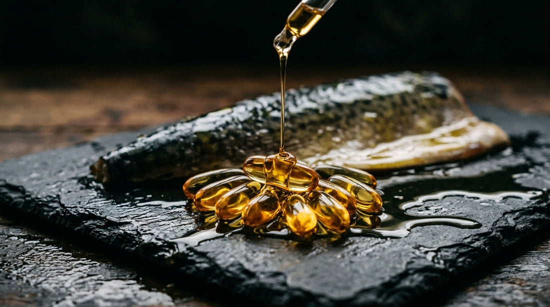 Omega-3-Softgels mit Fischöl und frischem Fisch