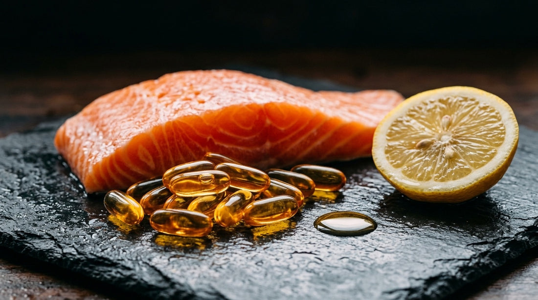Omega-3-Softgels mit frischem Lachs und Zitrone