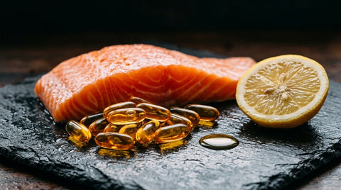 Omega-3-Softgels mit frischem Lachs und Zitrone