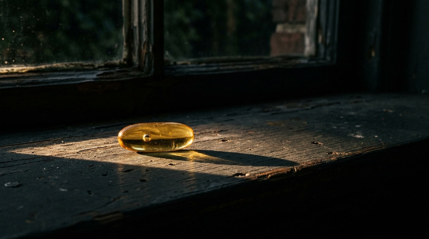Einzelnes Vitamin-D3-Softgel im Sonnenstrahl auf einer Fensterbank