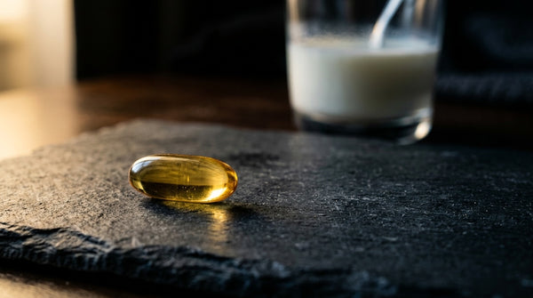 Einzelnes Vitamin-D3-Softgel auf dunklem Schiefer mit Kontrastlicht