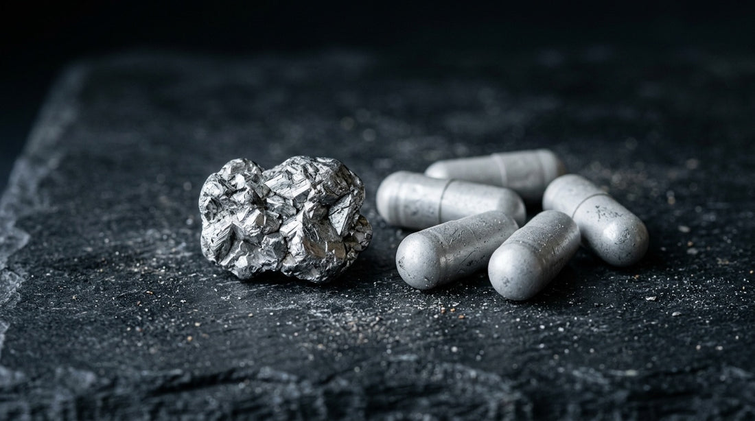 Zink-Bisglycinat-Kapseln neben einem rohen Zink-Mineral