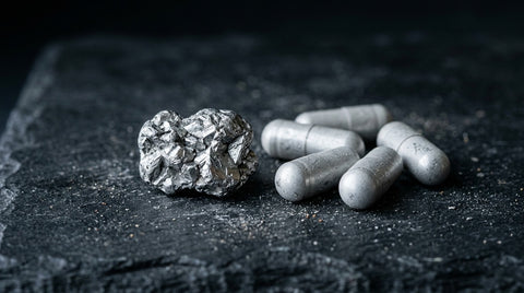 Zink-Bisglycinat-Kapseln neben einem rohen Zink-Mineral
