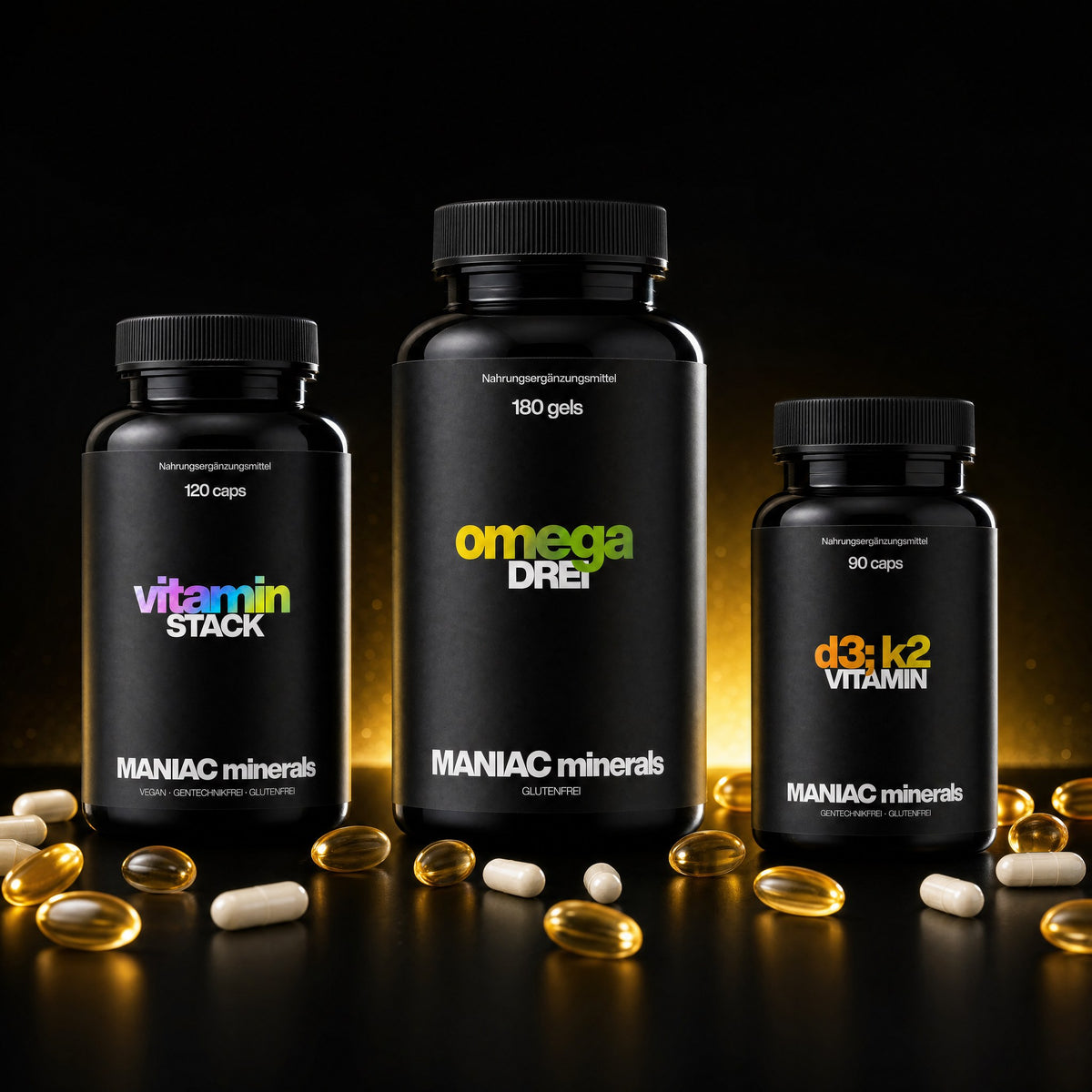 MANIAC Daily Essentials mit Vitamin Stack, Omega Drei und Vitamin D3+K2