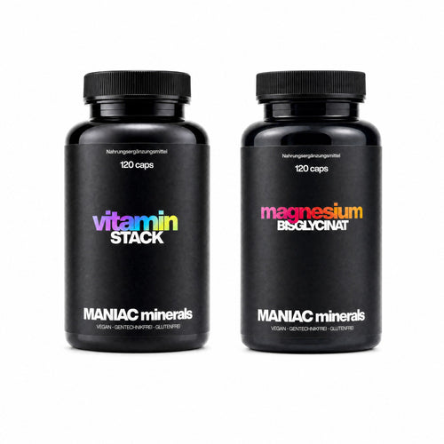 MANIAC Energie-Paket mit Vitamin Stack und Magnesium auf weissem Hintergrund