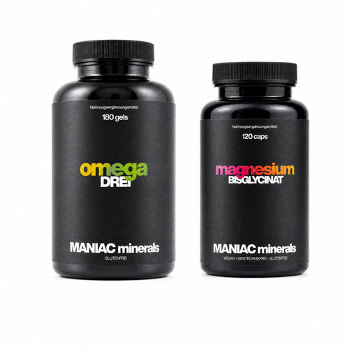 MANIAC Fokus-Duo mit Omega Drei und Magnesium auf weissem Hintergrund