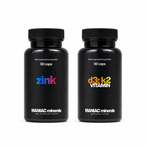 MANIAC Immun-Duo mit Zink und Vitamin D3+K2 auf weissem Hintergrund