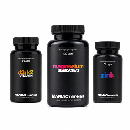 MANIAC Knochen-Trio mit Vitamin D3+K2, Magnesium und Zink auf weissem Hintergrund