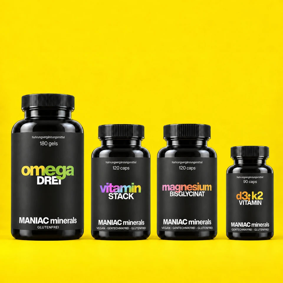 Das Fundament: Omega Drei, Vitamin Stack, Magnesium Bisglycinat und Vitamin D3+K2